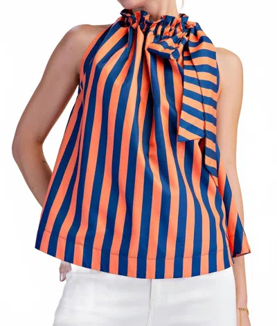 Glam Ruffle Neck Tie Sleeveless Stripe Top In Navy In Blue