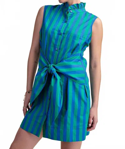 Glam Ruffle Neck Waist Tie Stripe Mini Dress In Green/blue In Multi