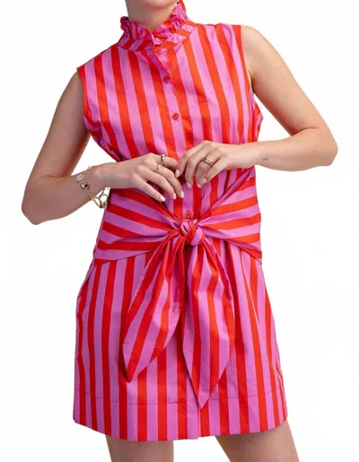 Glam Ruffle Neck Waist Tie Stripe Mini Dress In Pink