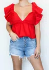 Glam Ruffle Open Back Blouse In Red In Red