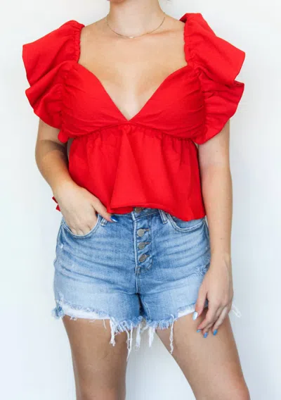 Glam Ruffle Open Back Blouse In Red