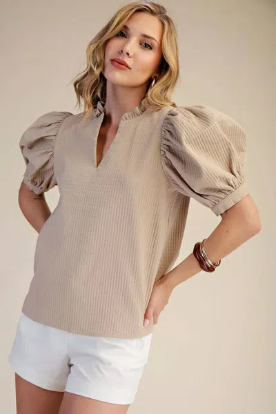 Glam Ruffle Puff Sleeve Top In Taupe In Brown
