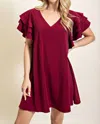 Glam Ruffle Sleeve Shift Dress In Burgundy