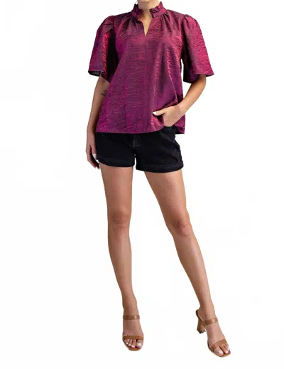 Glam Ruffled High Neck Top With Flutter Sleeves In Purple