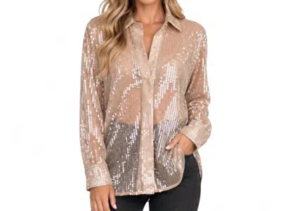 Glam Sequin Collard Button Down Shirt In Taupe In Neutral