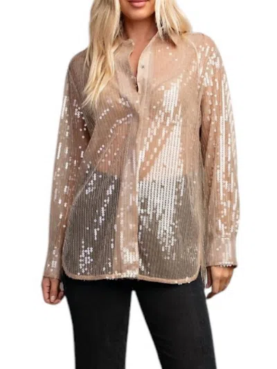 Glam Sequin Collard Button Down Shirt In Taupe In Pink