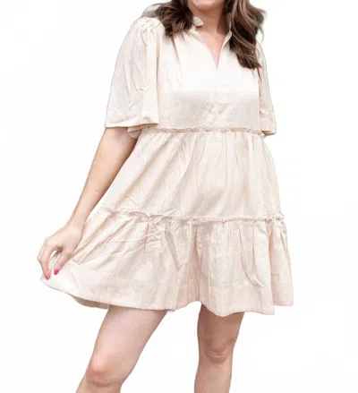 Glam Shimmering V-neck Flutter Mini Dress In Beige In Pink