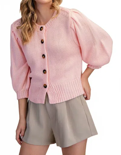 Glam Short Puff Sleeve Button Down Sweater In Pink