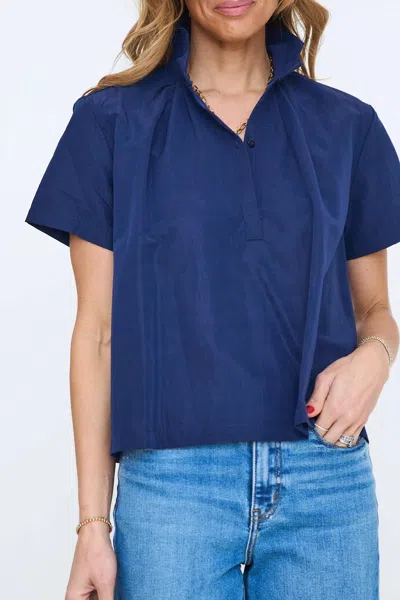 Glam Stand Collar Short Sleeved Shirt In Navy In Blue