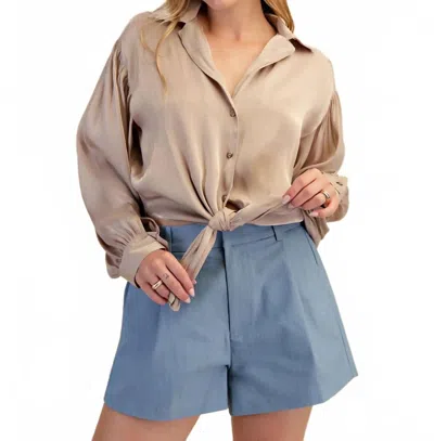 Glam Stephanie Tie Front Collared Blouse In Taupe In Brown