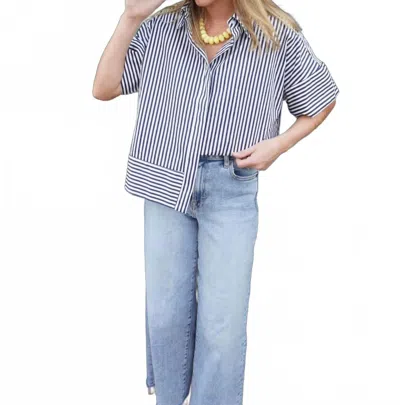 Glam Striped Cotton Button Down Top In Navy And White