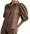Glam The Clara Puff Sleeve Button Down Top In Taupe In Brown