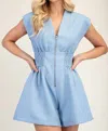 Glam V-neck Shoulder Padded Romper In Blue In Blue