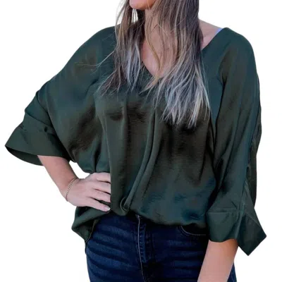 Glam V-neck Wide Sleeve Satin Top In Green