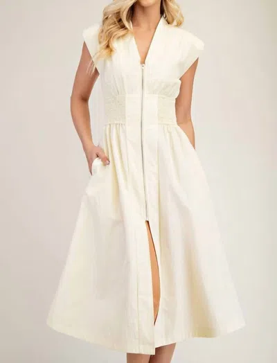 Glam V-neck Zipper Midi Dress In White