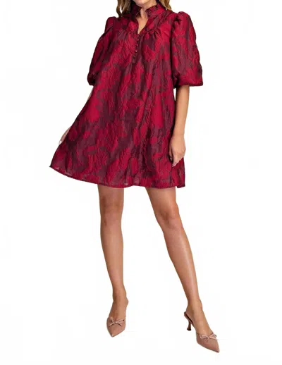 Glam Viviana Ruffled Neck Volume Sleeve Dress In Burgundy In Pink