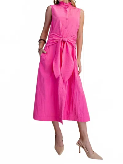 Glam Waist Tie Ruffle Neck Midi Shirt Dress In Pink