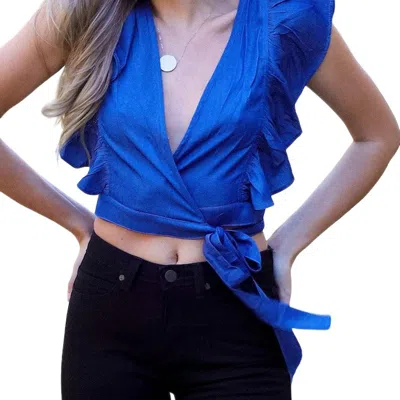 Glam Wink Tie Side Ruffle Trim Crop Top In Blue