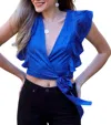 Glam Wink Tie Side Ruffle Trim Crop Top In Blue
