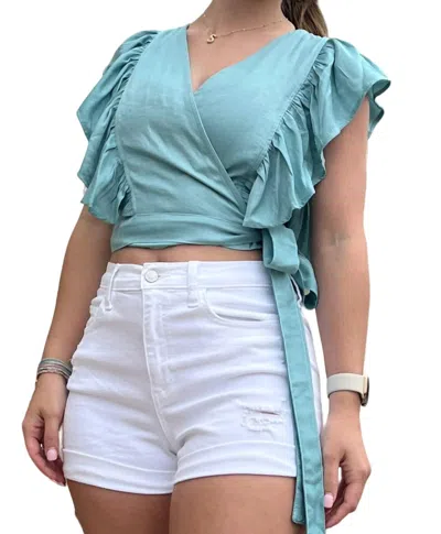 Glam Wink Tie Side Ruffle Trim Crop Top In Teal In Blue