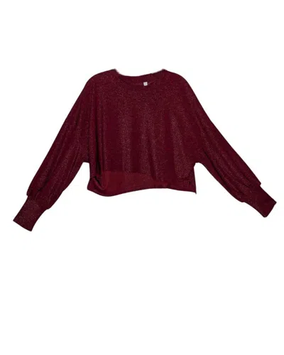 Glam Women's Round Neck Balloon Sleeve Knit Top In Red Shimer