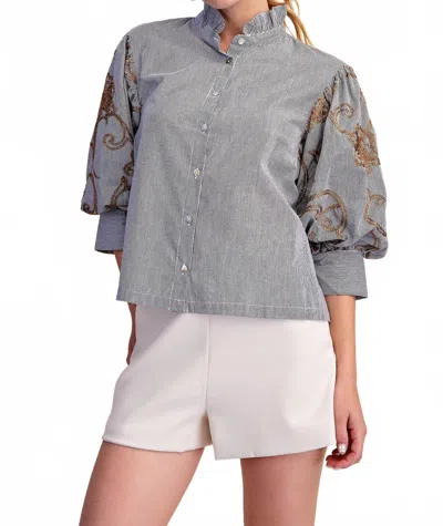 Glam Women's Ruffle Neck Embroidery Puff Sleeve Blouse In Blue
