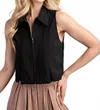 Glam Zip & Pleat Top In Black In Black