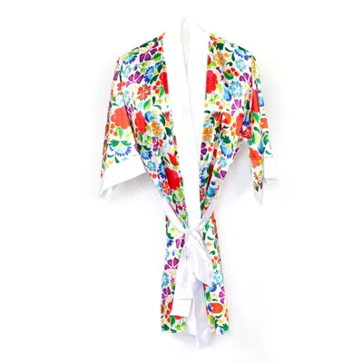 Glamoon Women's Satin Kimono Robe - White Flowers Pattern