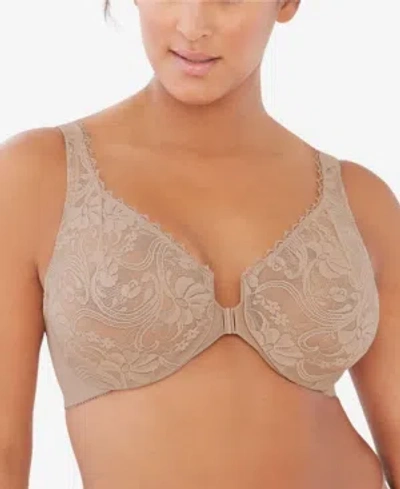 Glamorise Women's Full Figure Plus Size Wonderwire Front Close Stretch Lace Bra 9245 In Cafe