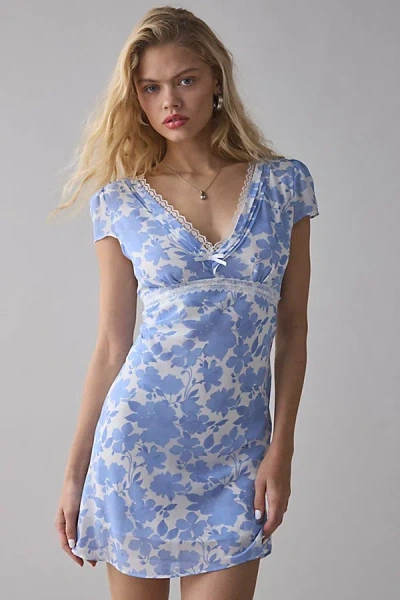 Glamorous Blue Floral Satin Lace-trim Slip Mini Dress In Blue Floral, Women's At Urban Outfitters