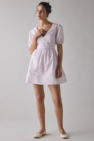 Glamorous Bow Printed Cotton Puff Sleeve Mini Dress In White Pink Bow, Women's At Urban Outfitters
