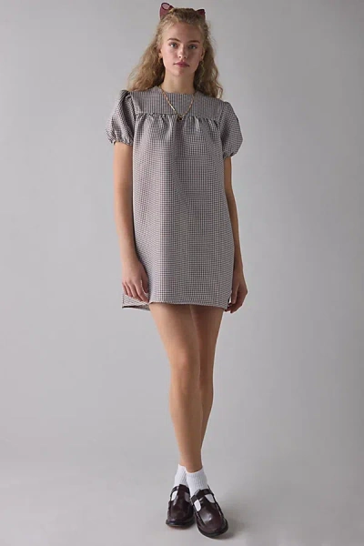Glamorous Brown Gingham Puff Sleeve Babydoll Mini Dress In Brown Gingham, Women's At Urban Outfitters