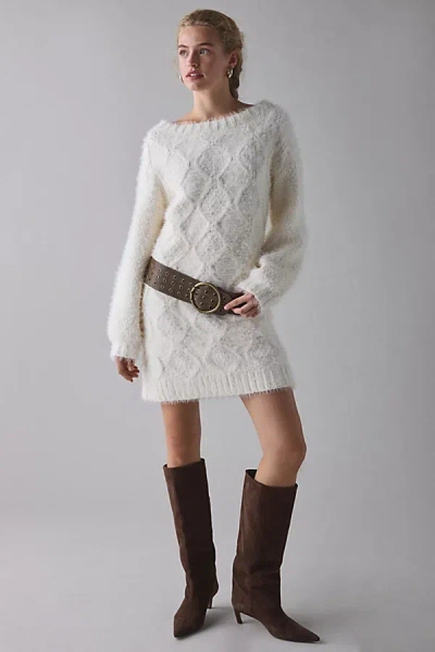 Glamorous Cable Knit Boatneck Sweater Mini Dress In Cream, Women's At Urban Outfitters In White