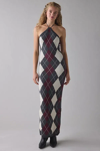 Glamorous Charcoal Argyle Knit High Neck Halter Maxi Dress In Charcoal Argyle, Women's At Urban Outfitters In Gray