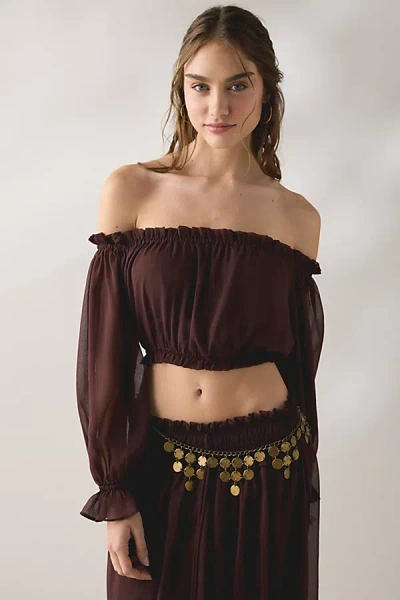 Glamorous Chiffon Long Sleeve Off-the-shoulder Top In Maroon, Women's At Urban Outfitters In Burgundy