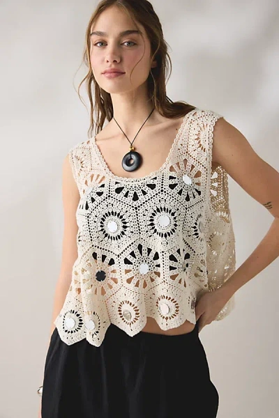Glamorous Clover Sheer Crochet Crop Top In Tan, Women's At Urban Outfitters In Brown