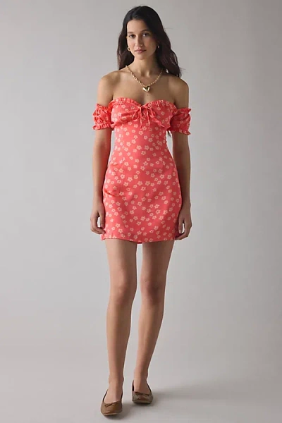 Glamorous Coral Daisy Milkmaid Off-the-shoulder Mini Dress In Pink, Women's At Urban Outfitters