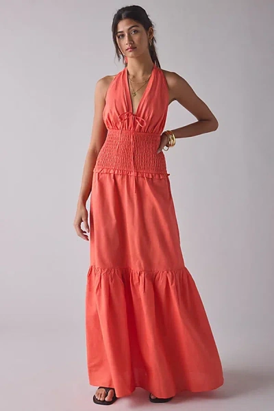 Glamorous Coral Plunge Halter Drop Waist Tiered Maxi Dress In Coral, Women's At Urban Outfitters