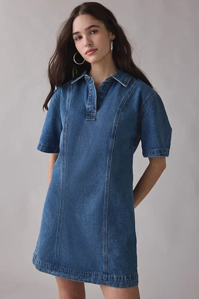 Glamorous Denim Short Sleeve Shirt Mini Dress In Tinted Denim, Women's At Urban Outfitters In Blue