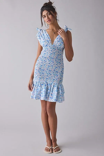 Glamorous Ditsy Floral Cotton Plunge Bow Strap Smocked Mini Dress In White Blue Floral, Women's At Urban Outfi