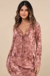 Glamorous Ethereal Aesthetic Mauve Abstract Tie-front Long Sleeve Top In Mauve