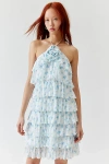 GLAMOROUS FLORAL TIERED HALTER DRESS IN BLUE, WOMEN'S AT URBAN OUTFITTERS