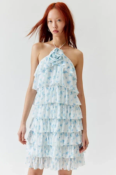 Glamorous Floral Tiered Halter Dress In Blue, Women's At Urban Outfitters