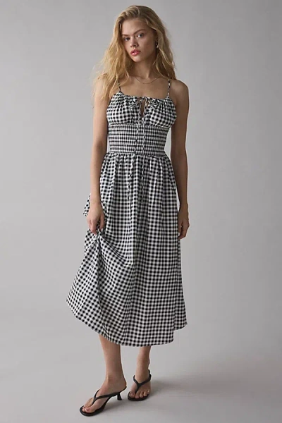 Glamorous Gingham Tie-front Smocked Midi Dress In Black/white, Women's At Urban Outfitters
