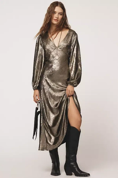 Glamorous Long-sleeve V-neck Metallic Midi Dress In Gold
