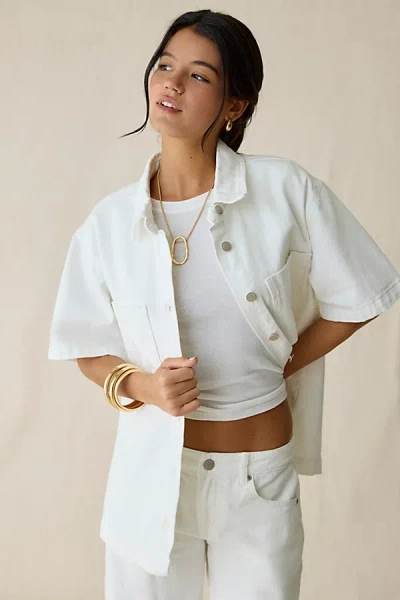 Glamorous Oversized Denim Short Sleeve Button-up Shirt Top In White, Women's At Urban Outfitters