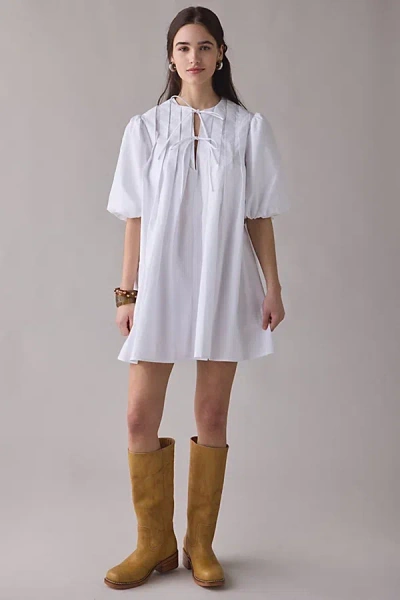 Glamorous Pleated Tie-front Cotton Mini Dress In White, Women's At Urban Outfitters