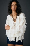 Glamorous Sheer Cascading Ruffle Long Sleeve Blouse In Cream, Women's At Urban Outfitters In White