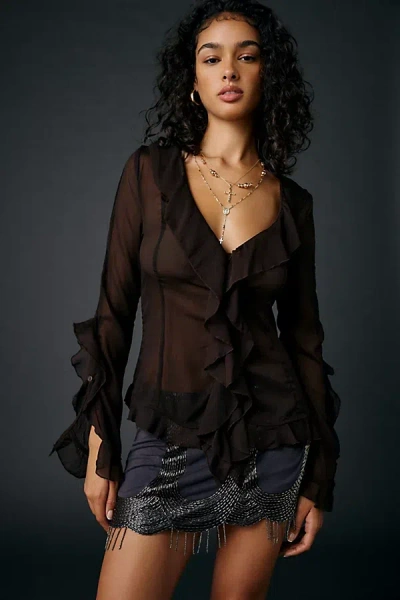 Glamorous Sheer Ruffle Long Sleeve Blouse In Brown, Women's At Urban Outfitters
