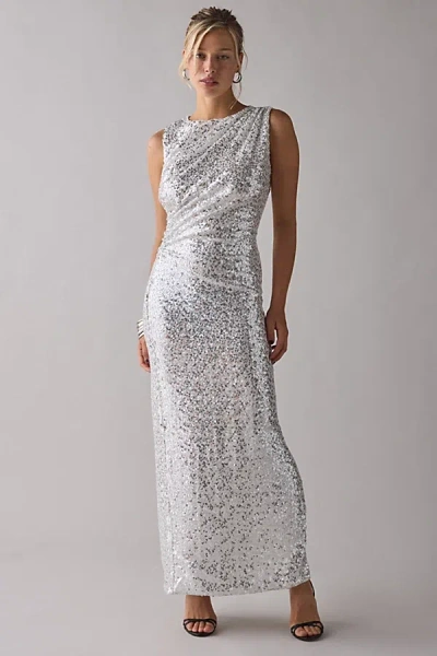 Glamorous Silver Sequin Asymmetric Ruched Maxi Dress In Silver, Women's At Urban Outfitters